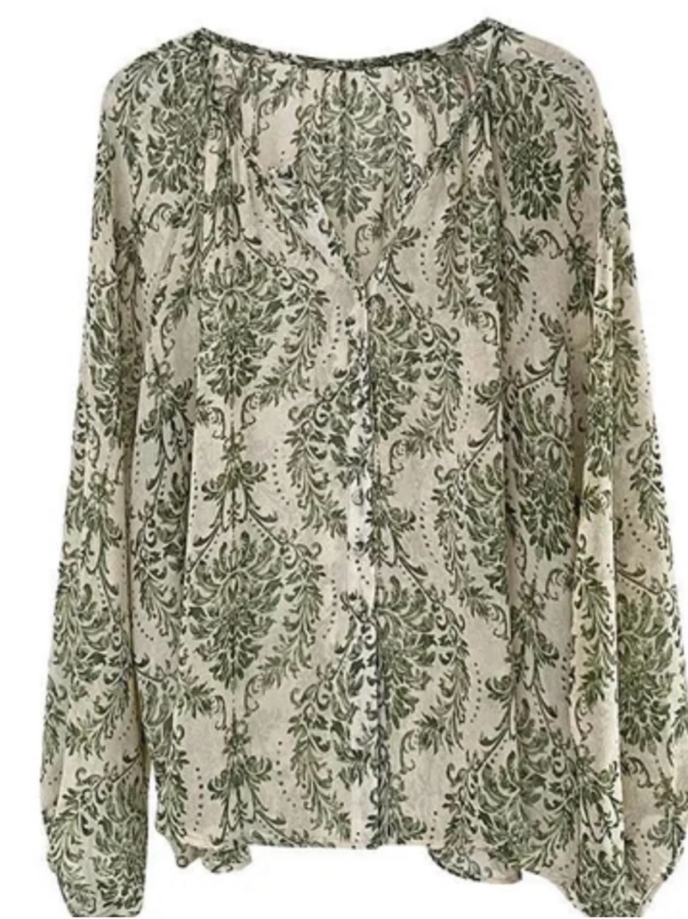 Women’s Paisley Green Peasant Blouse Size M Boho Festival Tie & Button Front